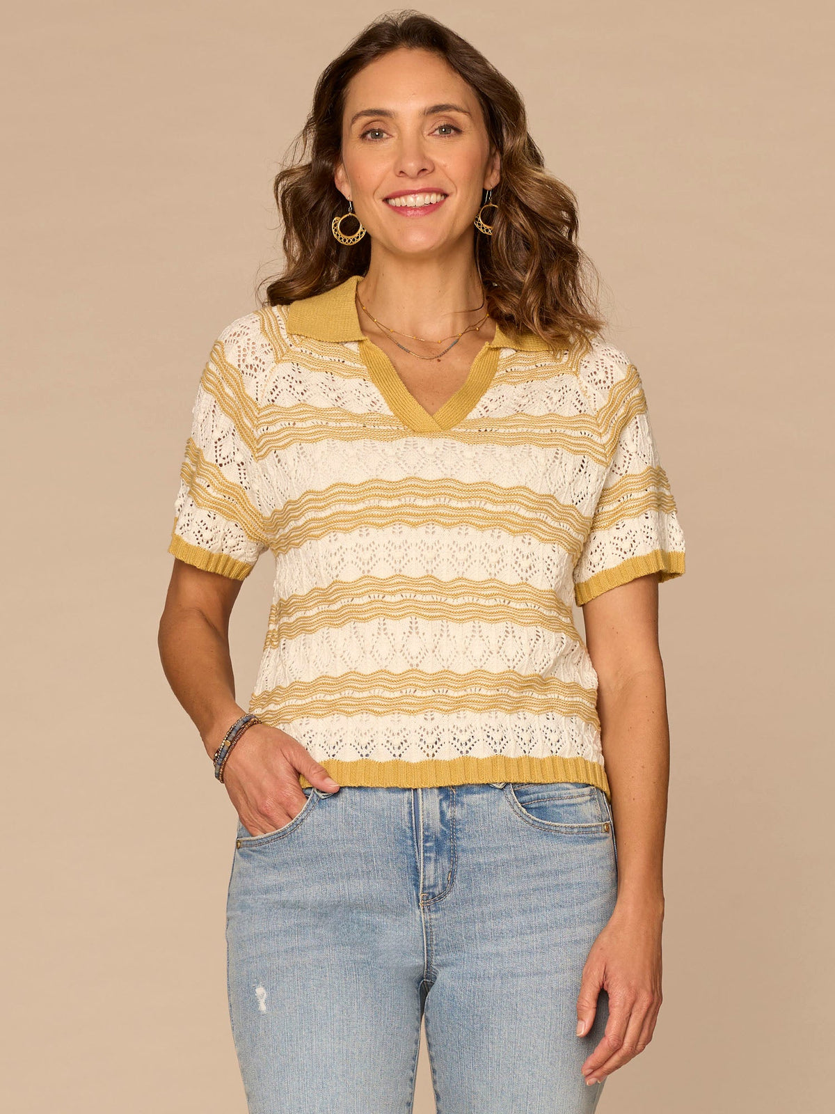 Democracy Clothing Short Sleeve V-Placket Novelty Stitch Stripe Petite Sweater Polo Top - Tuscan Sun Off White