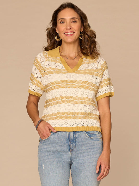 Democracy Clothing Short Sleeve V-Placket Novelty Stitch Stripe Petite Sweater Polo Top - Tuscan Sun Off White