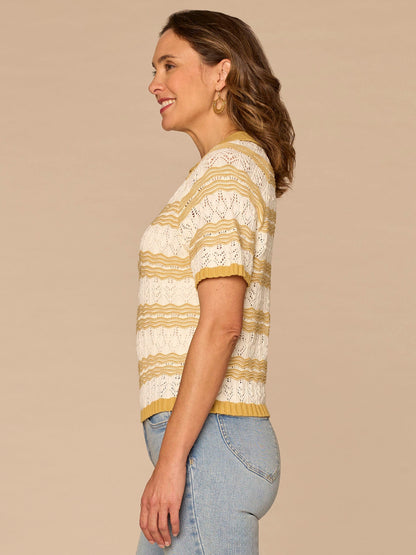 Democracy Clothing Short Sleeve V-Placket Novelty Stitch Stripe Petite Sweater Polo Top - Tuscan Sun Off White
