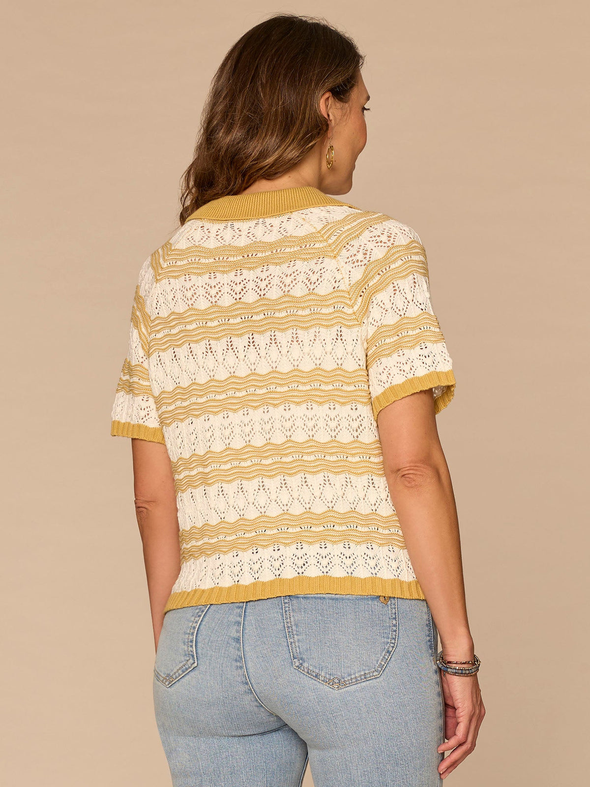 Democracy Clothing Short Sleeve V-Placket Novelty Stitch Stripe Petite Sweater Polo Top - Tuscan Sun Off White