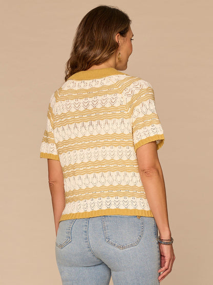 Democracy Clothing Short Sleeve V-Placket Novelty Stitch Stripe Petite Sweater Polo Top - Tuscan Sun Off White
