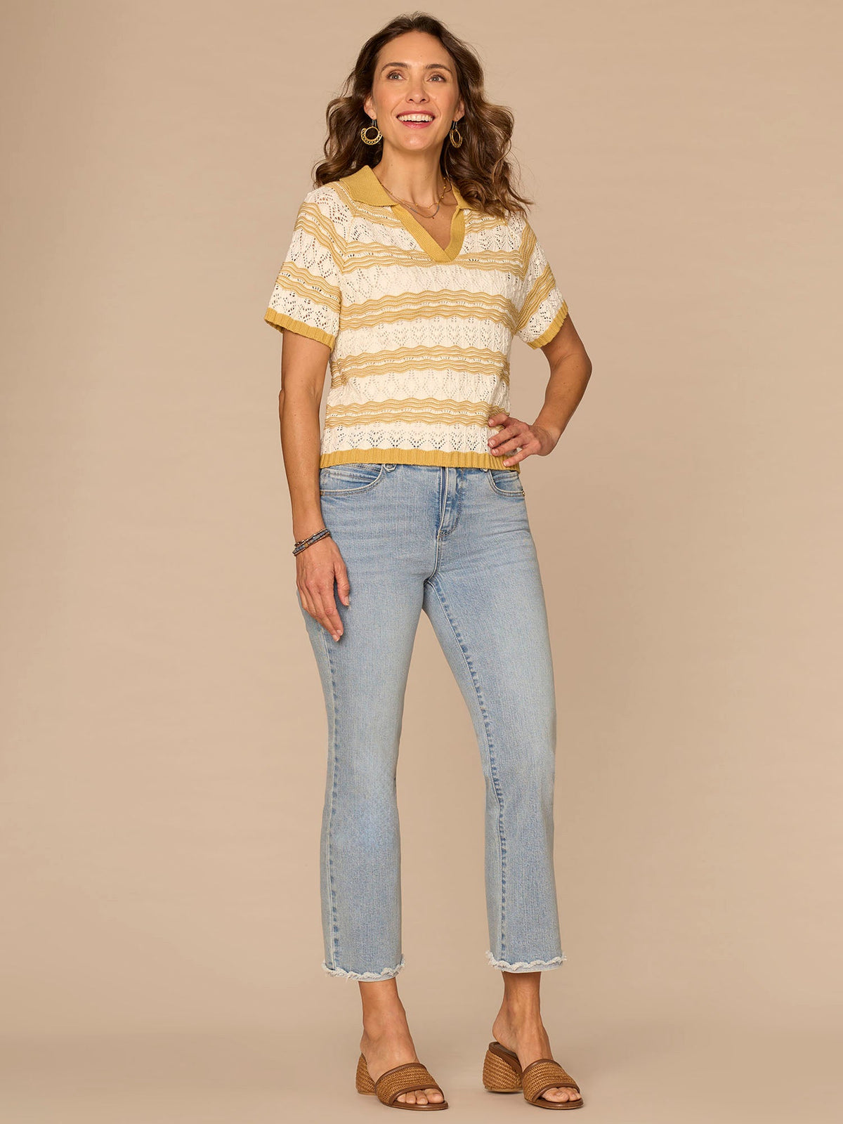 Democracy Clothing Short Sleeve V-Placket Novelty Stitch Stripe Petite Sweater Polo Top - Tuscan Sun Off White
