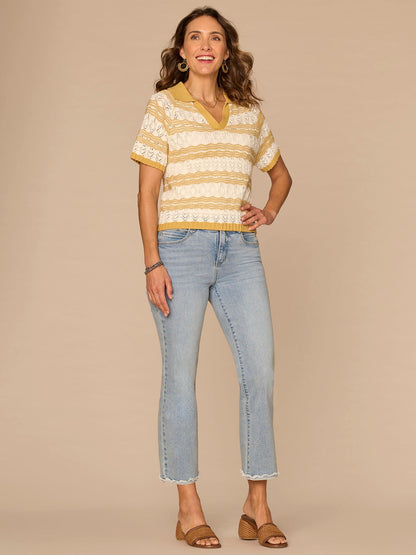 Democracy Clothing Short Sleeve V-Placket Novelty Stitch Stripe Petite Sweater Polo Top - Tuscan Sun Off White