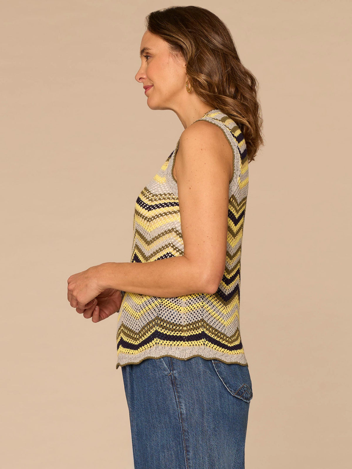 Democracy Clothing Sleeveless Round Neck Metallic Chevron Stripe Petite Sweater Top - Light Grey Harvest Green Multi