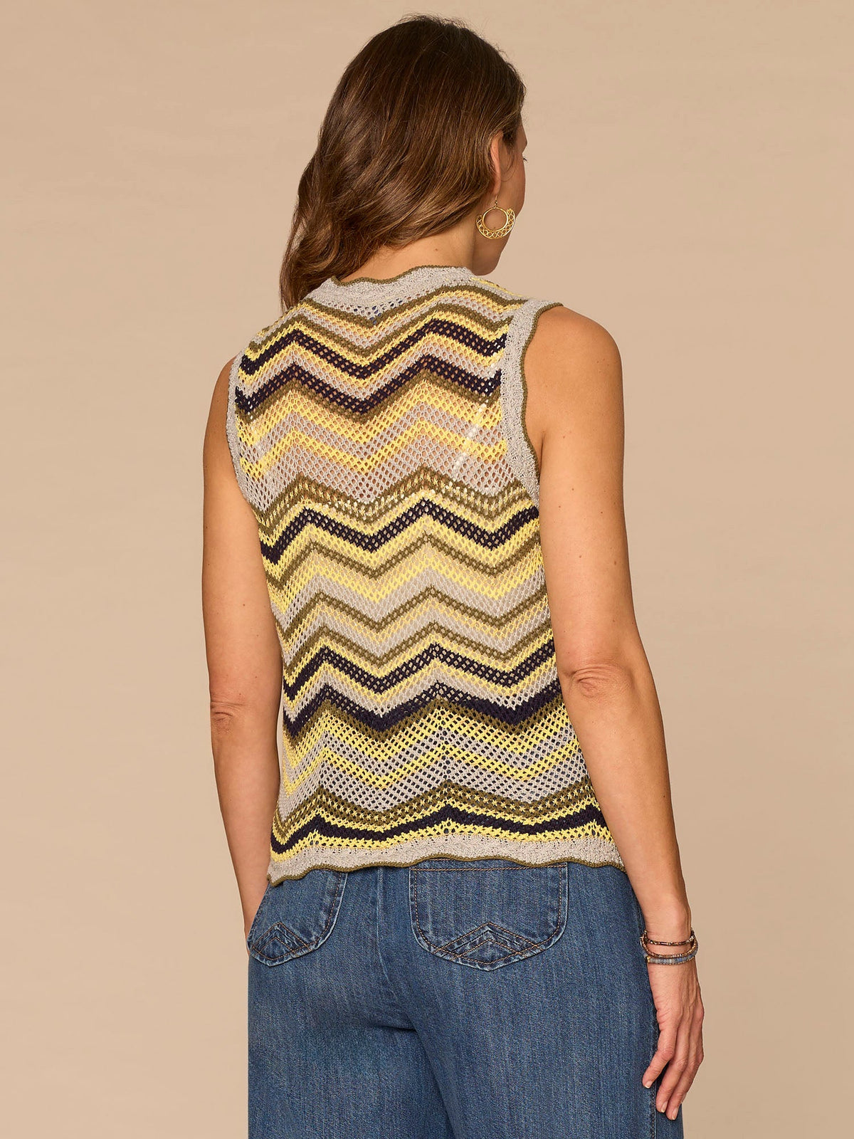Democracy Clothing Sleeveless Round Neck Metallic Chevron Stripe Petite Sweater Top - Light Grey Harvest Green Multi