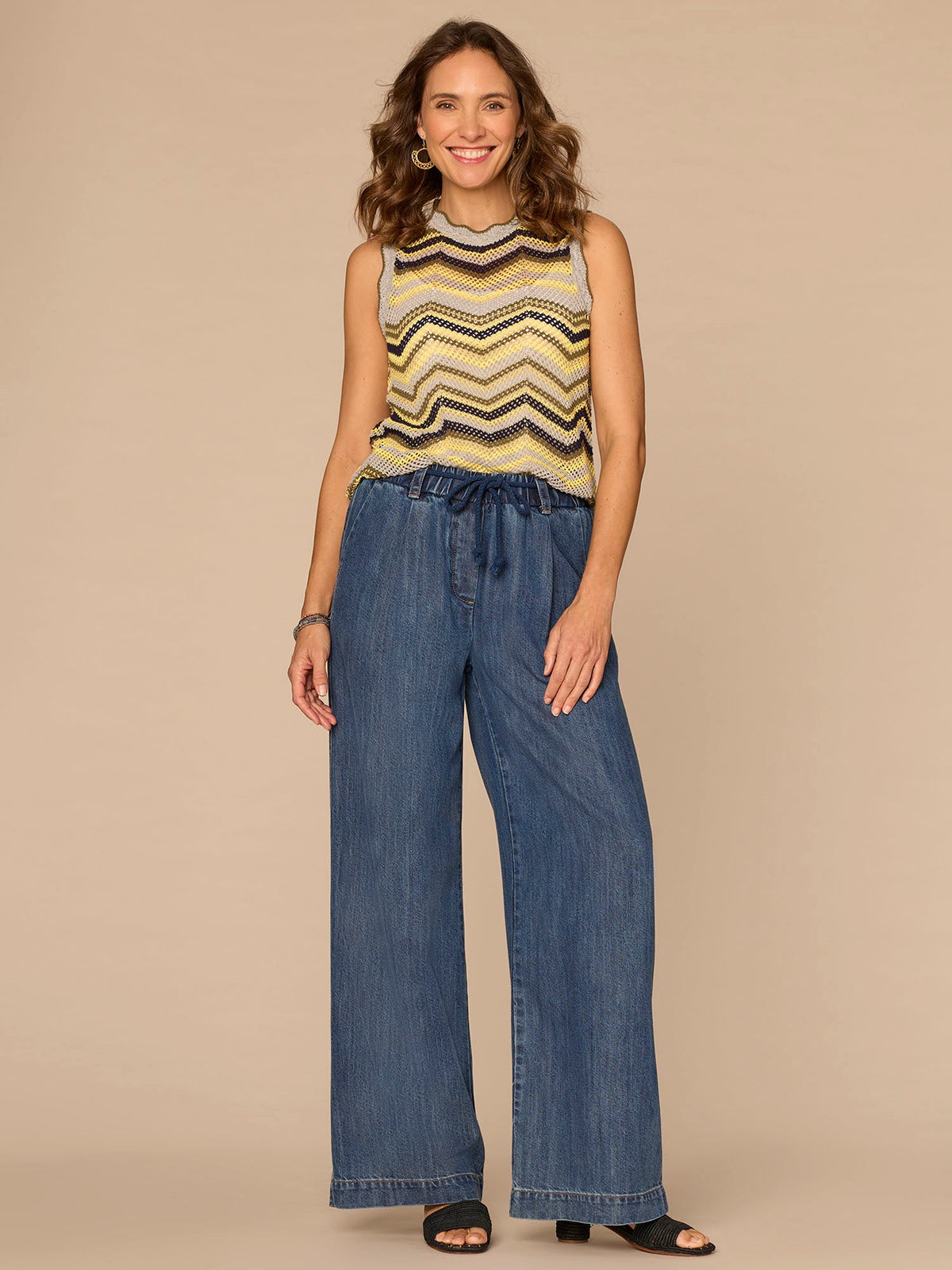 Democracy Clothing Sleeveless Round Neck Metallic Chevron Stripe Petite Sweater Top - Light Grey Harvest Green Multi