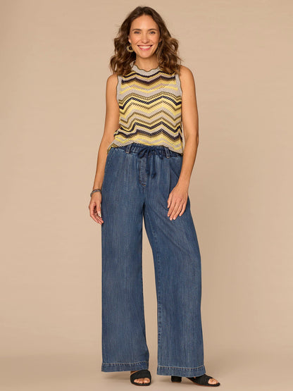 Democracy Clothing Sleeveless Round Neck Metallic Chevron Stripe Petite Sweater Top - Light Grey Harvest Green Multi