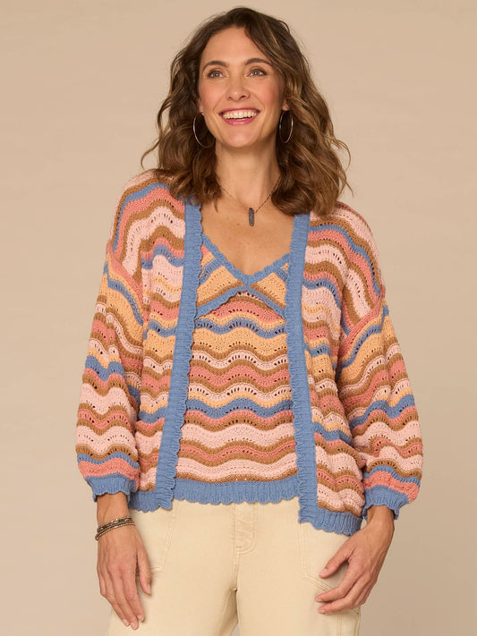 Democracy Clothing Blouson Sleeve Open Front Wavy Stripe Petite Sweater Cardigan - Horizon Blue Dusty Papaya Multi
