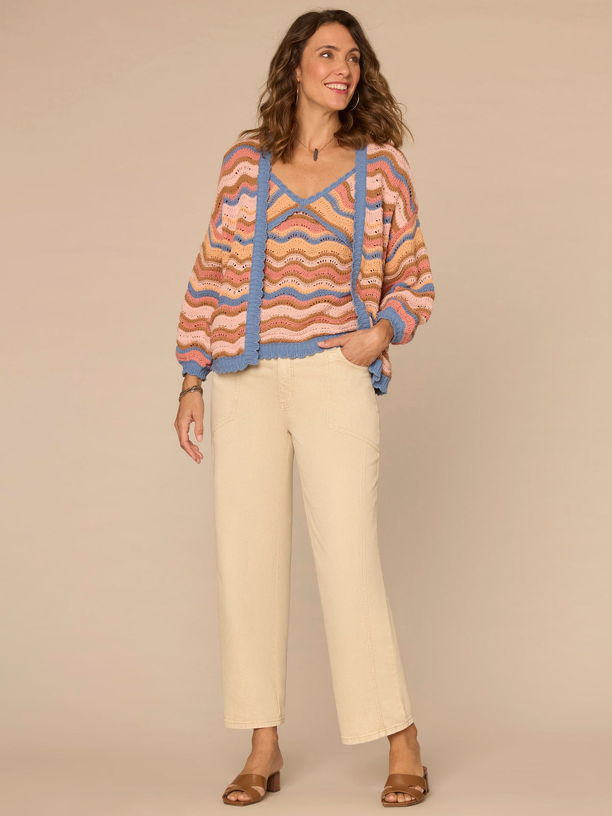 Democracy Clothing Blouson Sleeve Open Front Scallop Trim Wavy Stripe Sweater Cardigan - Horizon Blue Dusty Papaya Multi