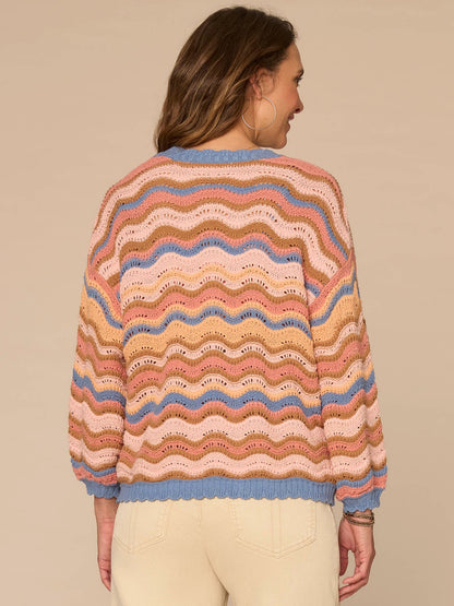 Democracy Clothing Blouson Sleeve Open Front Scallop Trim Wavy Stripe Sweater Cardigan - Horizon Blue Dusty Papaya Multi
