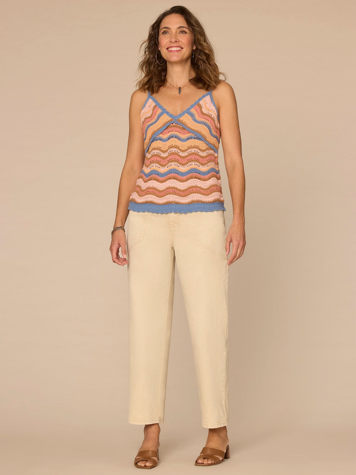 Democracy Clothing V-Neck Wavy Stripe Mix Stitch Scallop Trim Sweater Tank Top - Horizon Blue Dusty Papaya Multi