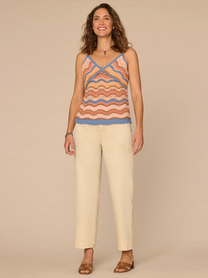 Democracy Clothing V-Neck Wavy Stripe Mix Stitch Scallop Trim Petite Sweater Tank Top - Horizon Blue Dusty Papaya Multi