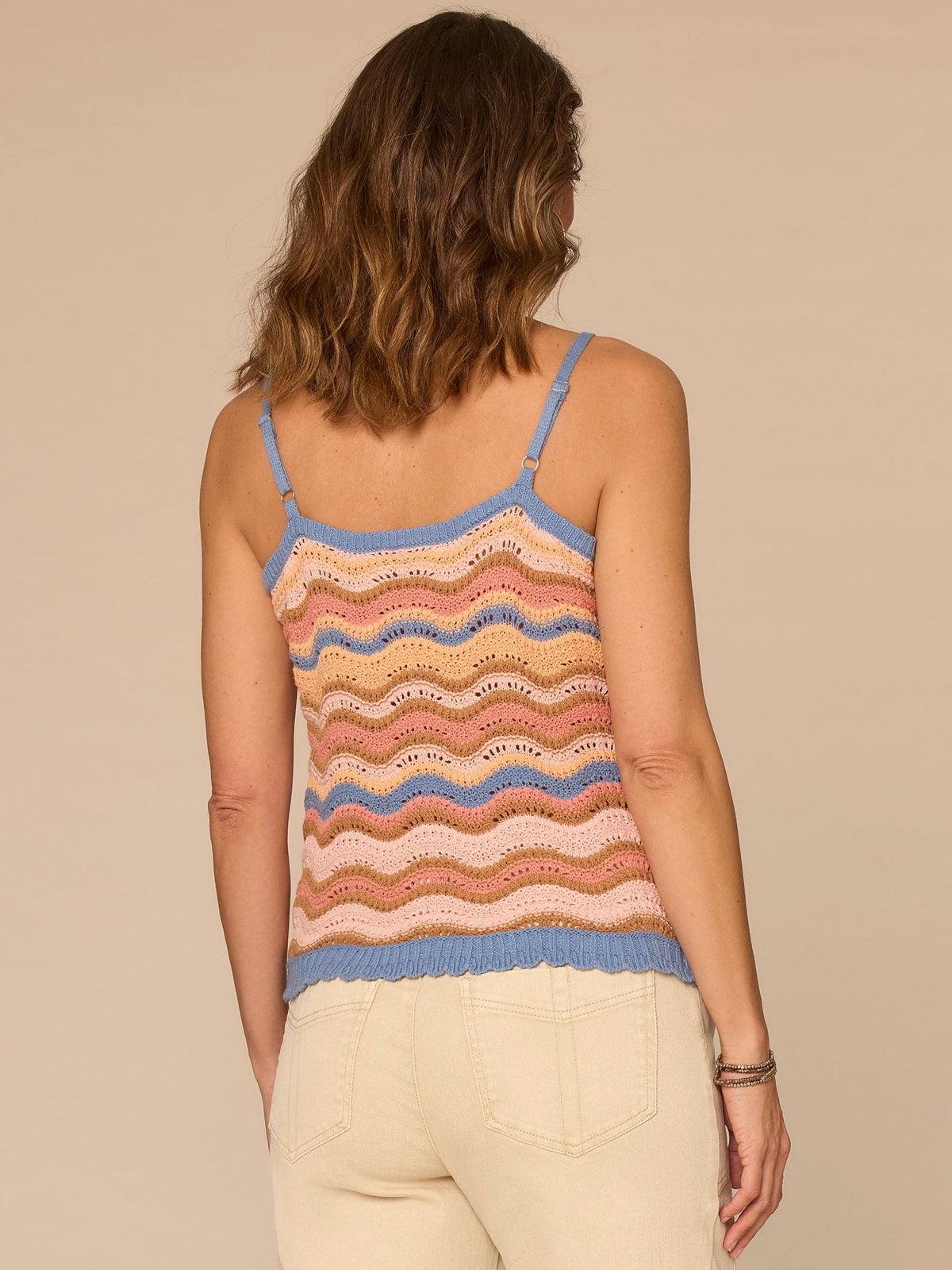 Democracy Clothing V-Neck Wavy Stripe Mix Stitch Scallop Trim Petite Sweater Tank Top - Horizon Blue Dusty Papaya Multi