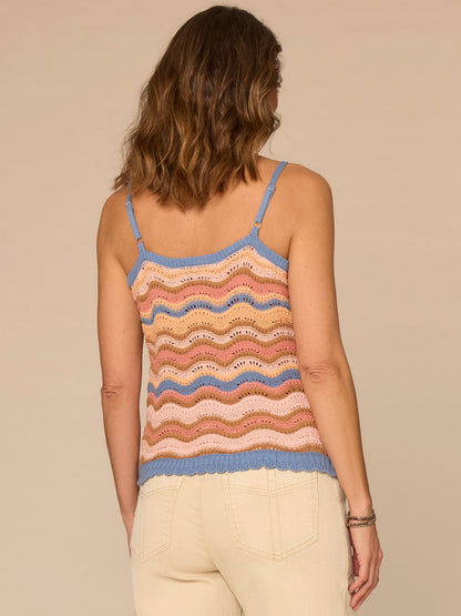 Democracy Clothing V-Neck Wavy Stripe Mix Stitch Scallop Trim Petite Sweater Tank Top - Horizon Blue Dusty Papaya Multi