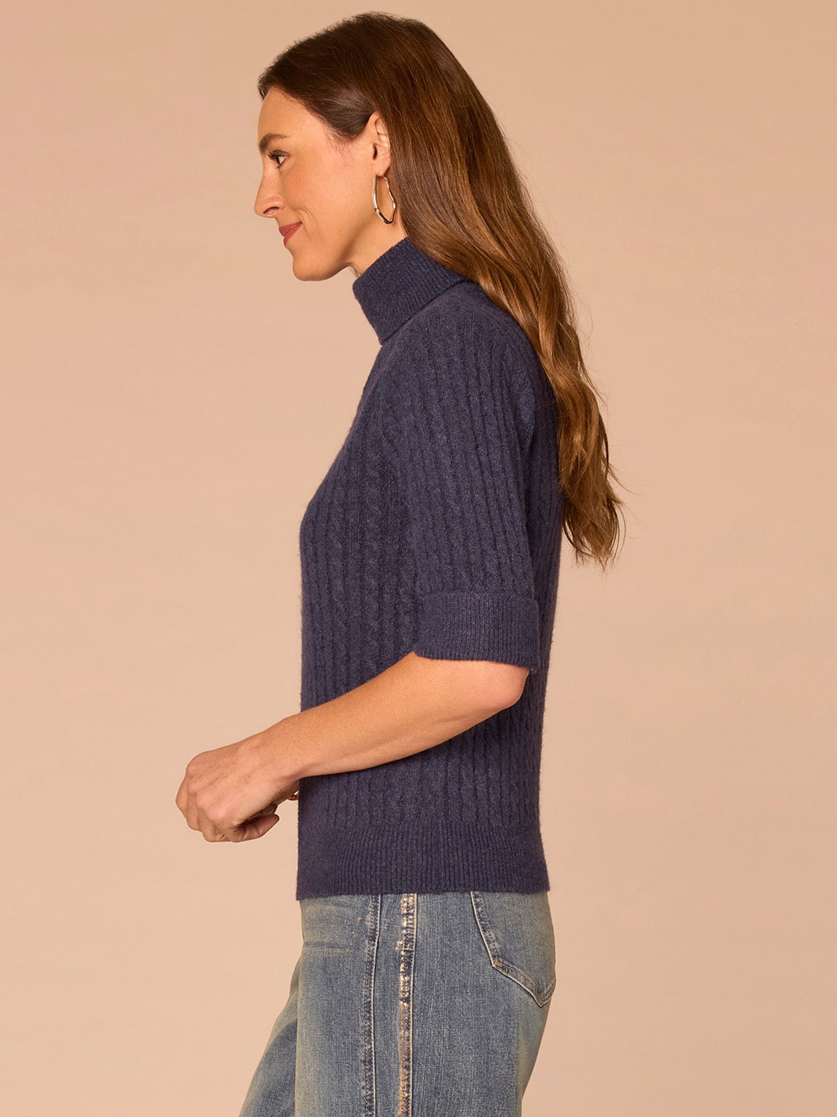 Democracy Clothing Cuffed Elbow Sleeve Turtle Neck Cable Stitch Mix Petite Sweater - Silver Violet|Midnight Sapphire|Chestnut