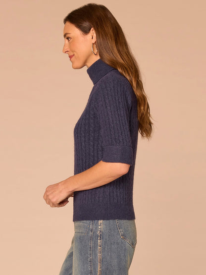 Democracy Clothing Cuffed Elbow Sleeve Turtle Neck Cable Stitch Mix Petite Sweater - Silver Violet|Midnight Sapphire|Chestnut