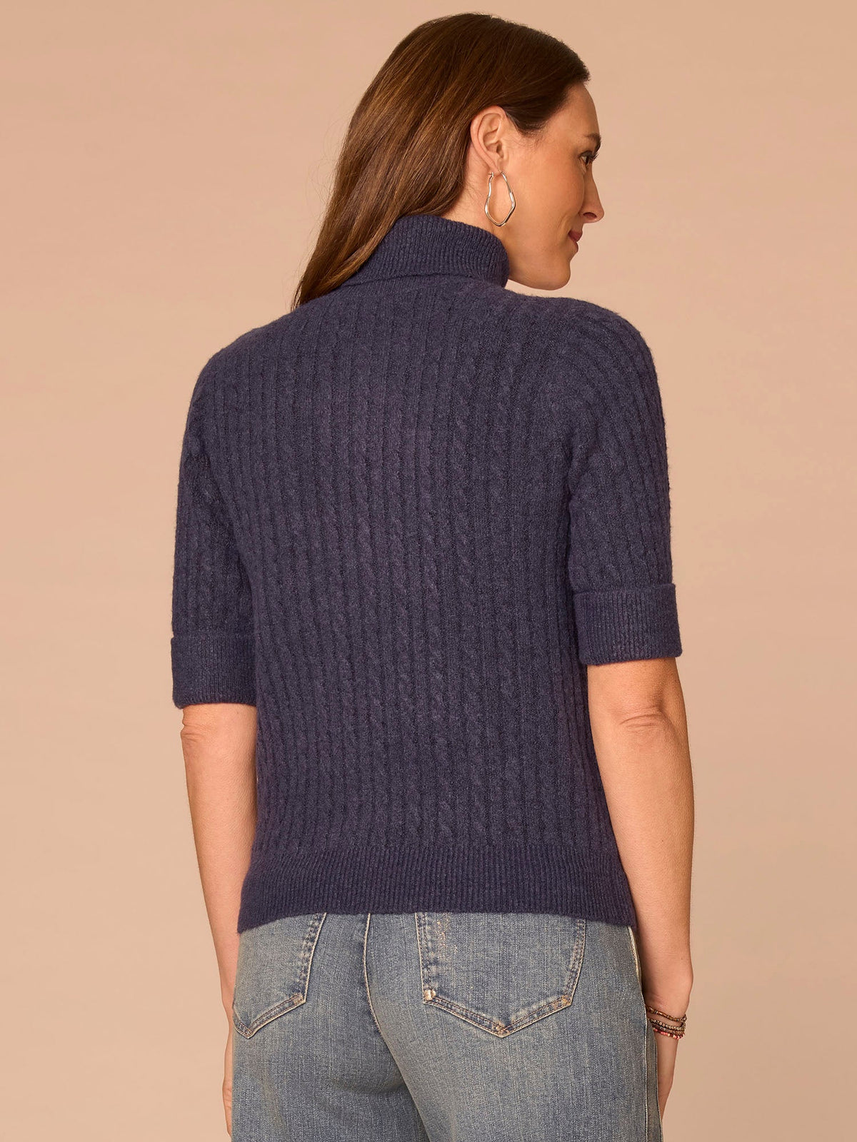 Democracy Clothing Cuffed Elbow Sleeve Turtle Neck Cable Stitch Mix Petite Sweater - Silver Violet|Midnight Sapphire|Chestnut