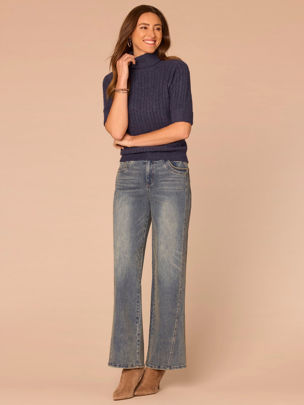 Democracy Clothing Cuffed Elbow Sleeve Turtle Neck Cable Stitch Mix Petite Sweater - Silver Violet|Midnight Sapphire|Chestnut