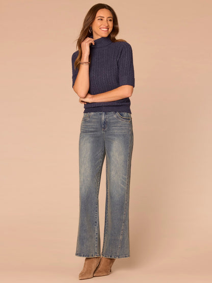 Democracy Clothing Cuffed Elbow Sleeve Turtle Neck Cable Stitch Mix Petite Sweater - Silver Violet|Midnight Sapphire|Chestnut