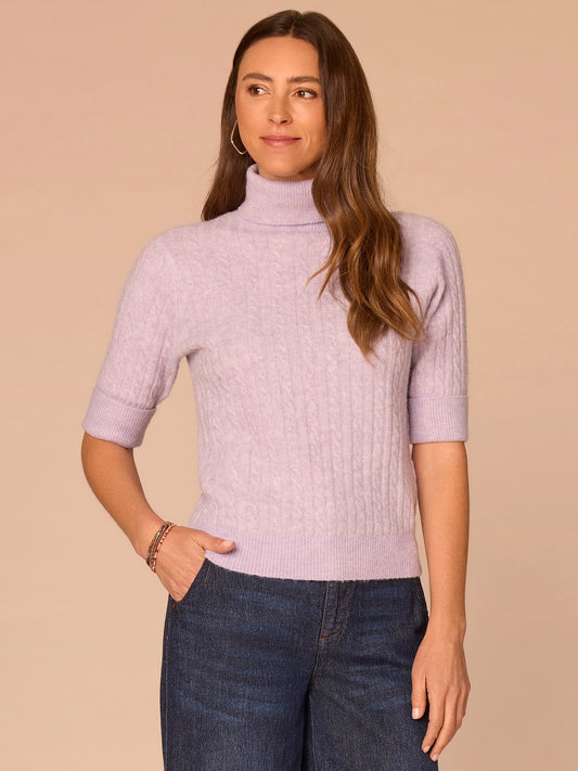 Democracy Clothing Cuffed Elbow Sleeve Turtle Neck Cable Stitch Mix Petite Sweater - Silver Violet|Midnight Sapphire|Chestnut
