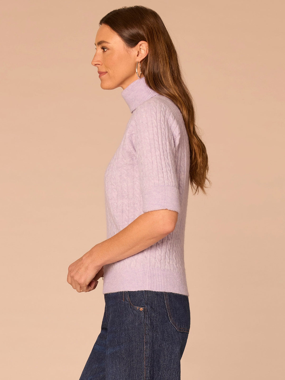 Democracy Clothing Cuffed Elbow Sleeve Turtle Neck Cable Stitch Mix Petite Sweater - Silver Violet|Midnight Sapphire|Chestnut