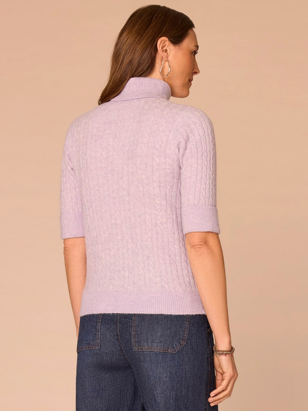 Democracy Clothing Cuffed Elbow Sleeve Turtle Neck Cable Stitch Mix Petite Sweater - Silver Violet|Midnight Sapphire|Chestnut