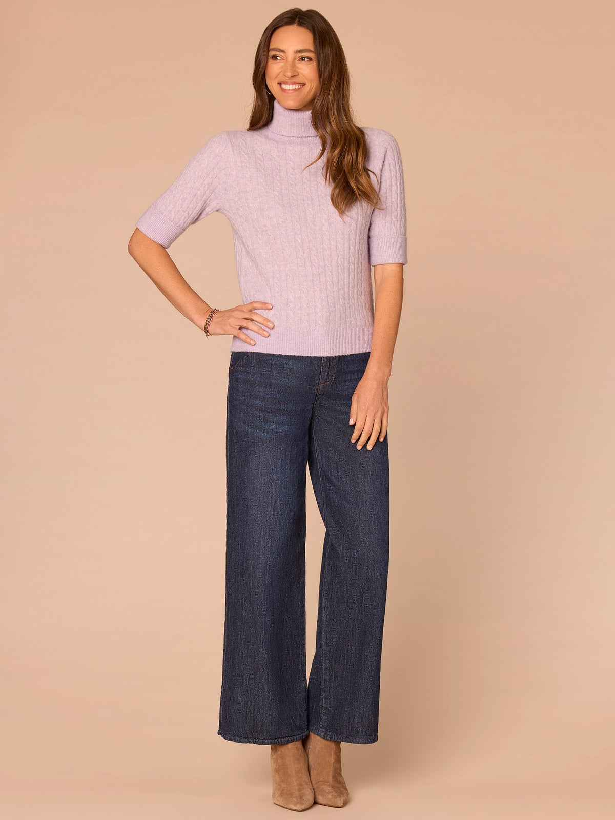 Democracy Clothing Cuffed Elbow Sleeve Turtle Neck Cable Stitch Mix Petite Sweater - Silver Violet|Midnight Sapphire|Chestnut