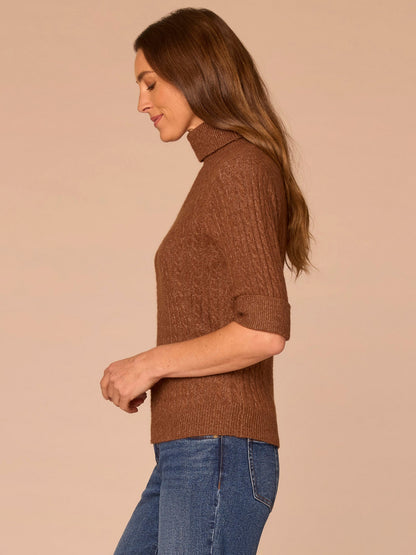 Democracy Clothing Cuffed Elbow Sleeve Turtle Neck Cable Stitch Mix Petite Sweater - Silver Violet|Midnight Sapphire|Chestnut