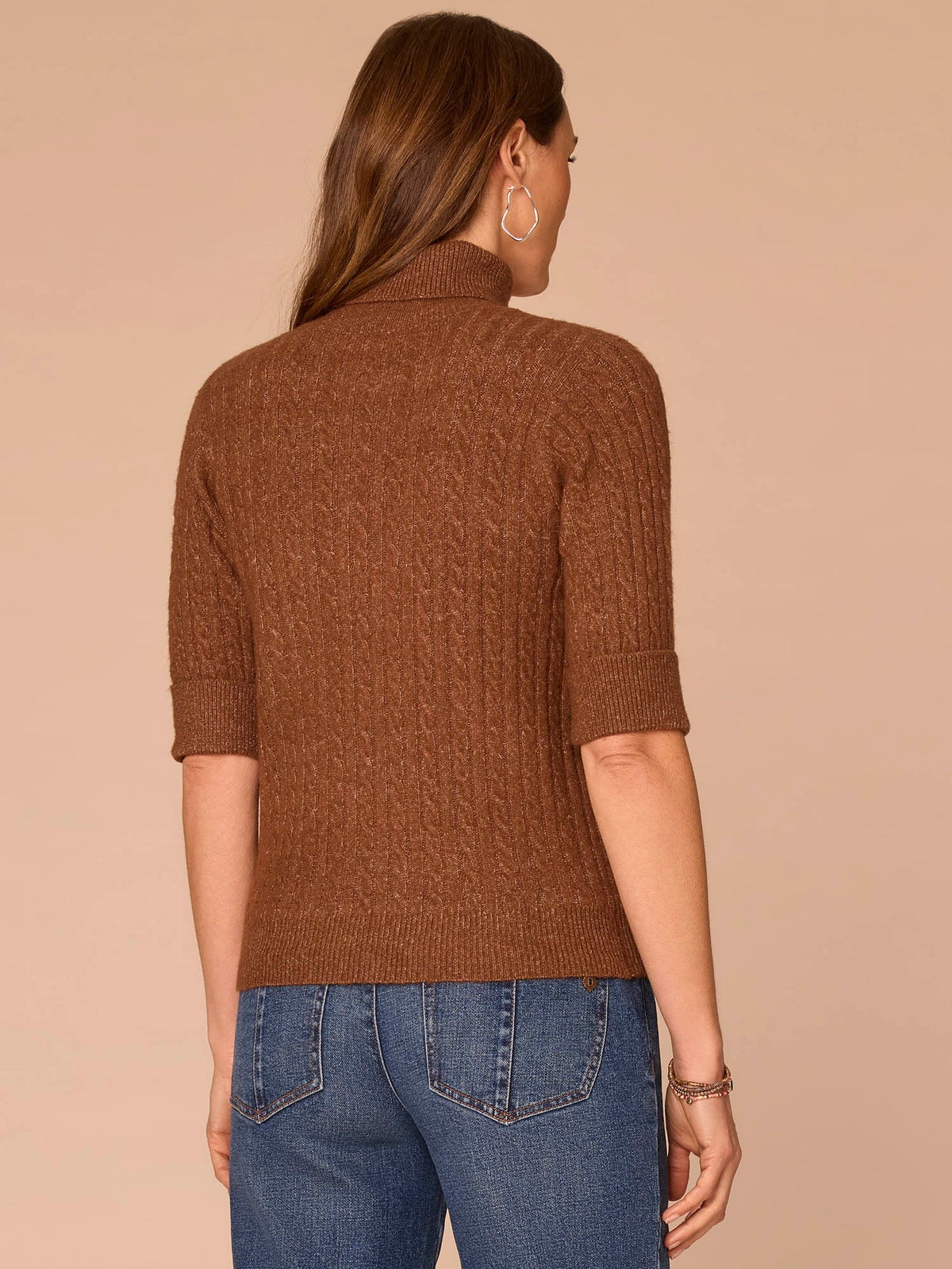 Democracy Clothing Cuffed Elbow Sleeve Turtle Neck Cable Stitch Mix Petite Sweater - Silver Violet|Midnight Sapphire|Chestnut