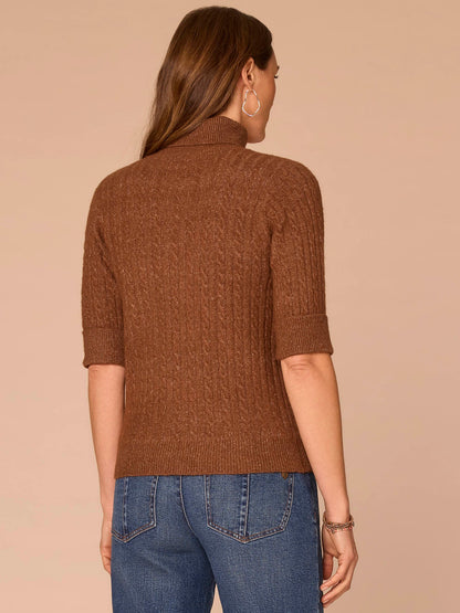Democracy Clothing Cuffed Elbow Sleeve Turtle Neck Cable Stitch Mix Petite Sweater - Silver Violet|Midnight Sapphire|Chestnut