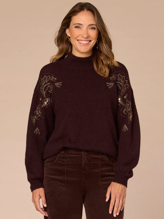 Democracy Clothing Long Blouson Sleeve Mock Neck Beaded Embroidery Sweater - Dark Raisin
