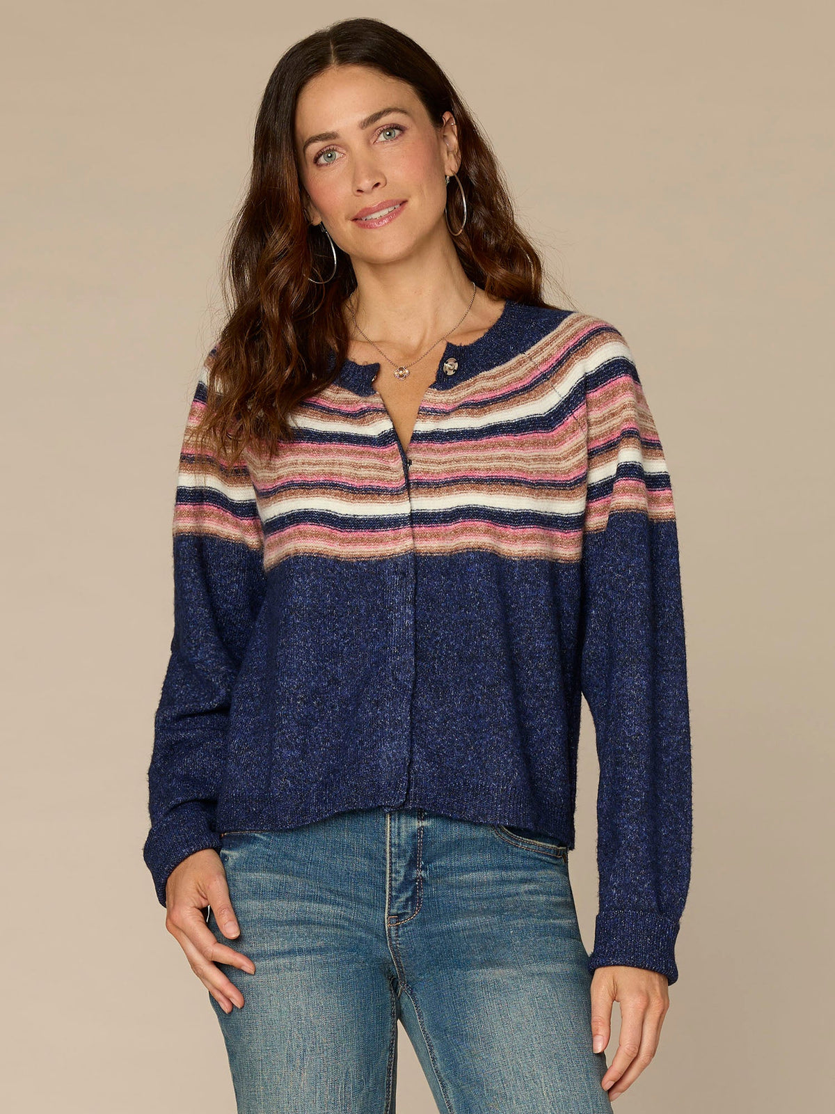 Democracy Clothing Long Sleeve Round Neck Snap Front Stripe Jacquard Sweater Cardigan - Zinfandel Airy Blue Multi|Navy Raspberry Multi