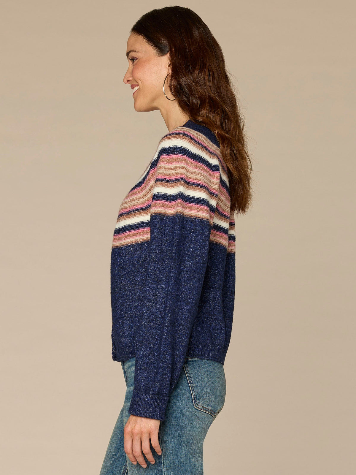 Democracy Clothing Long Sleeve Round Neck Snap Front Stripe Jacquard Sweater Cardigan - Zinfandel Airy Blue Multi|Navy Raspberry Multi