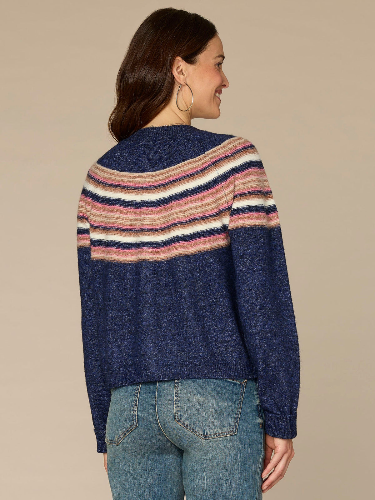 Democracy Clothing Long Sleeve Round Neck Snap Front Stripe Jacquard Sweater Cardigan - Zinfandel Airy Blue Multi|Navy Raspberry Multi