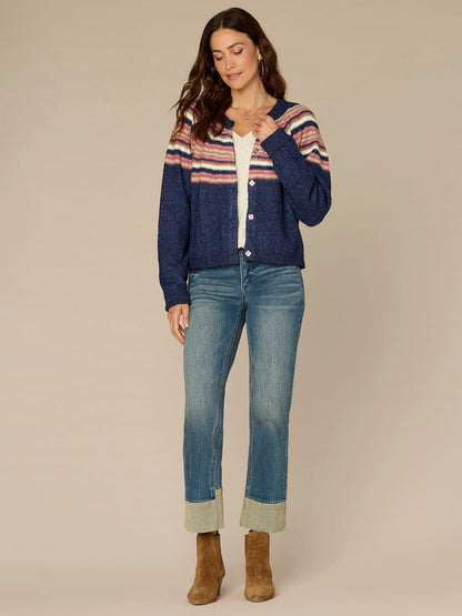 Democracy Clothing Long Sleeve Round Neck Snap Front Stripe Jacquard Sweater Cardigan - Zinfandel Airy Blue Multi|Navy Raspberry Multi