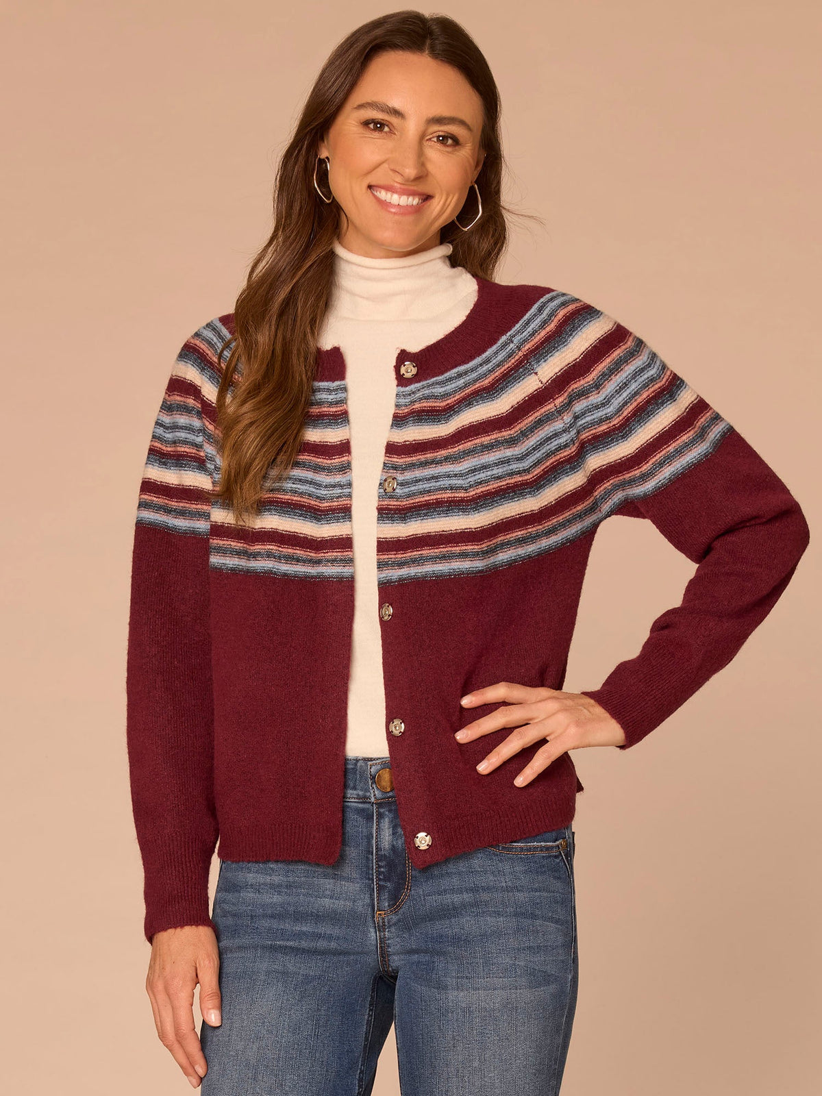 Democracy Clothing Long Sleeve Round Neck Snap Front Stripe Jacquard Sweater Cardigan - Zinfandel Airy Blue Multi|Navy Raspberry Multi