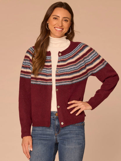 Democracy Clothing Long Sleeve Round Neck Snap Front Stripe Jacquard Sweater Cardigan - Zinfandel Airy Blue Multi|Navy Raspberry Multi