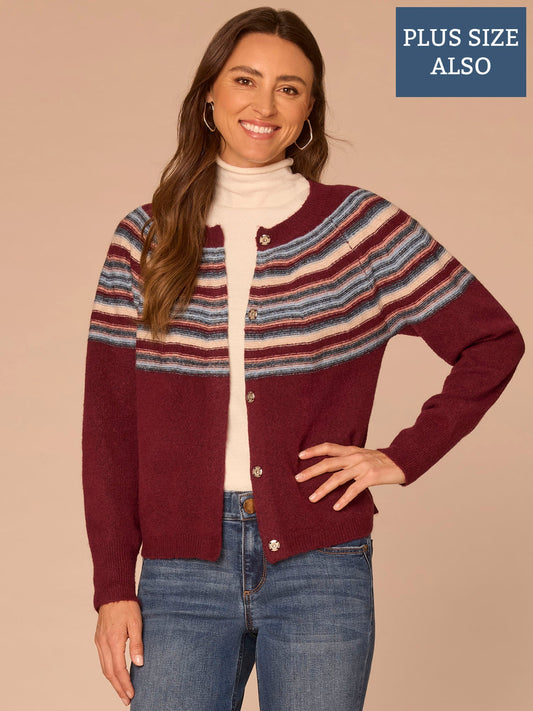 Democracy Clothing Long Sleeve Round Neck Snap Front Jacquard Plus Size Sweater Cardigan - Zinfandel Airy Blue Multi|Navy Raspberry Multi