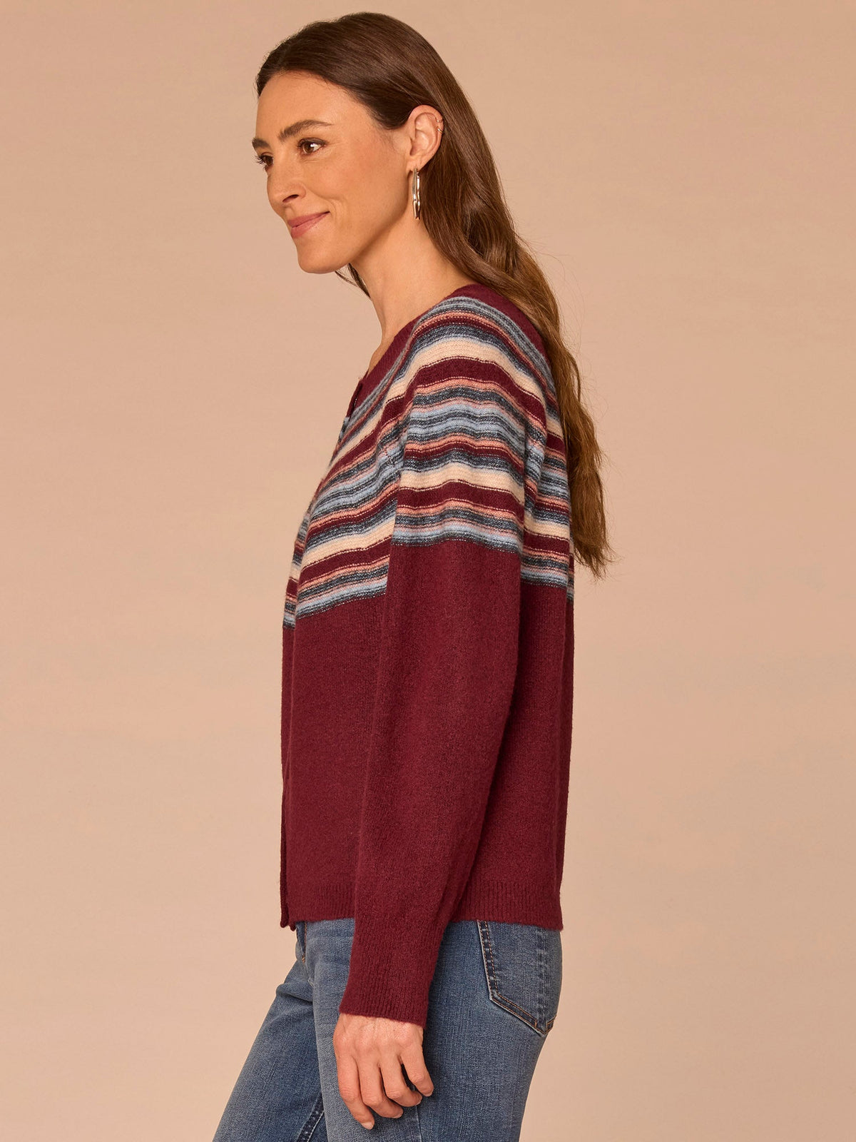 Democracy Clothing Long Sleeve Round Neck Snap Front Stripe Jacquard Sweater Cardigan - Zinfandel Airy Blue Multi|Navy Raspberry Multi