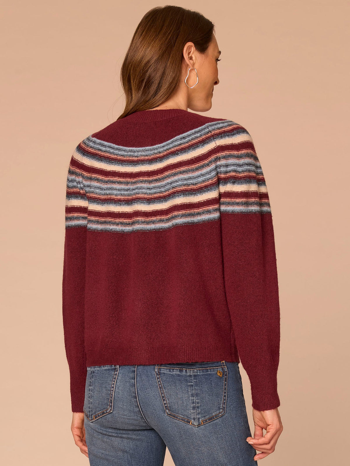 Democracy Clothing Long Sleeve Round Neck Snap Front Stripe Jacquard Sweater Cardigan - Zinfandel Airy Blue Multi|Navy Raspberry Multi