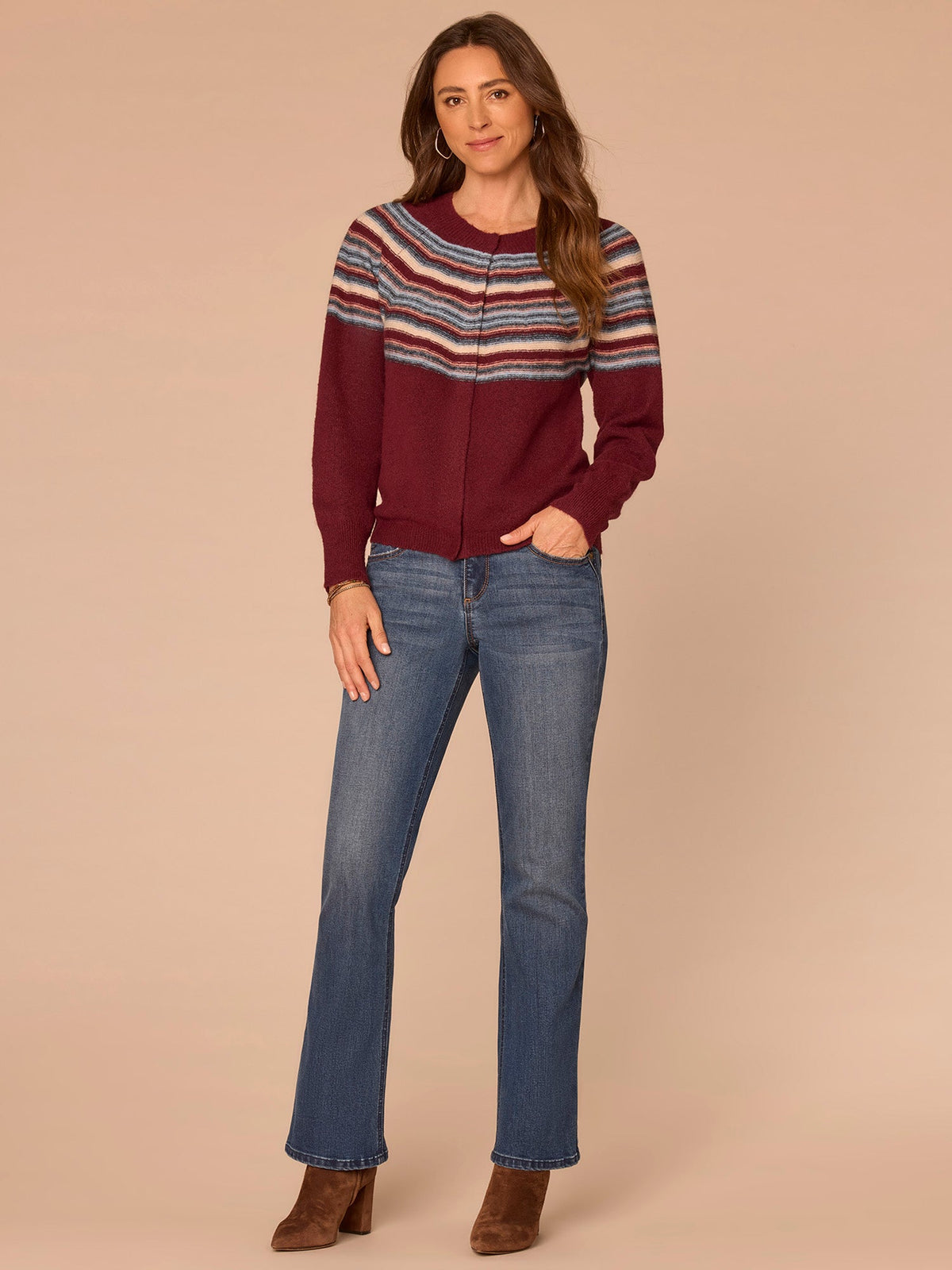 Democracy Clothing Long Sleeve Round Neck Snap Front Stripe Jacquard Sweater Cardigan - Zinfandel Airy Blue Multi|Navy Raspberry Multi