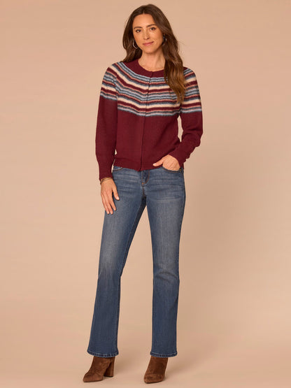 Democracy Clothing Long Sleeve Round Neck Snap Front Stripe Jacquard Sweater Cardigan - Zinfandel Airy Blue Multi|Navy Raspberry Multi