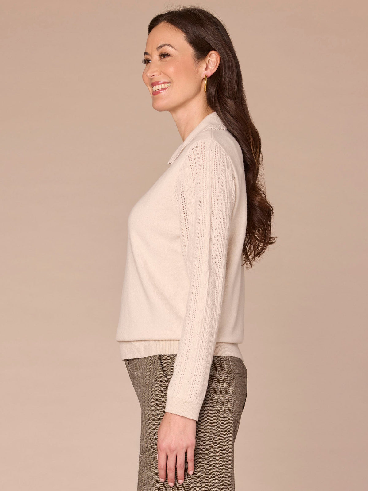 Democracy Clothing Long Sleeve Collar V-Neck Crochet Scallop Sweater - Fig Jam|Saddle|Ecru