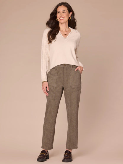 Democracy Clothing Long Sleeve Collar V-Neck Crochet Scallop Sweater - Fig Jam|Saddle|Ecru