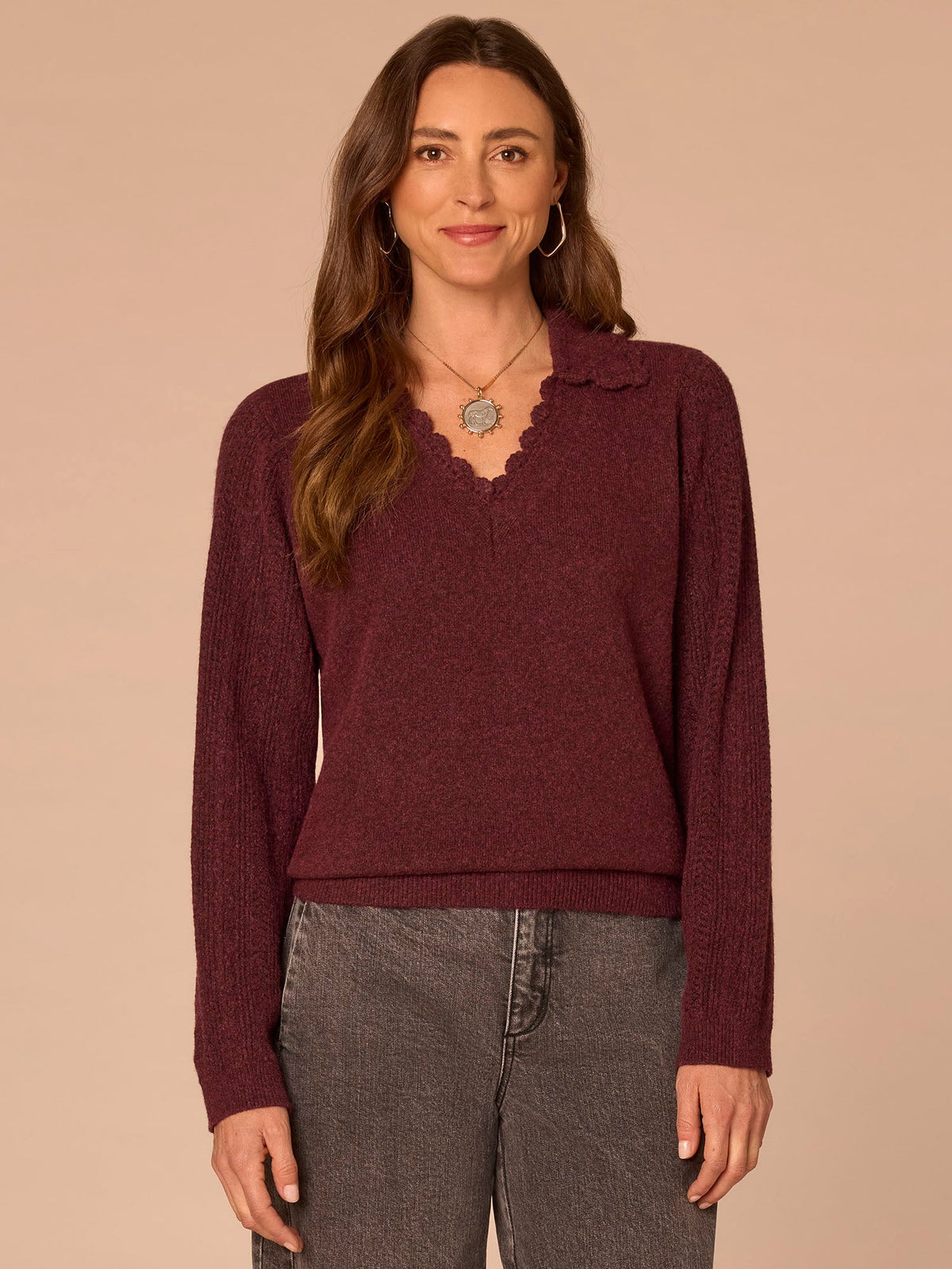 Democracy Clothing Long Sleeve Collar V-Neck Crochet Scallop Sweater - Fig Jam|Saddle|Ecru