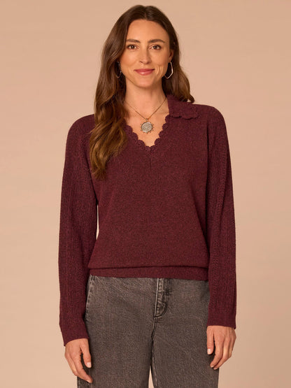 Democracy Clothing Long Sleeve Collar V-Neck Crochet Scallop Sweater - Fig Jam|Saddle|Ecru