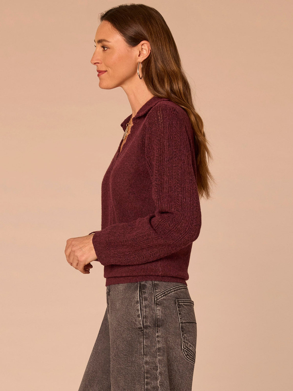 Democracy Clothing Long Sleeve Collar V-Neck Crochet Scallop Sweater - Fig Jam|Saddle|Ecru