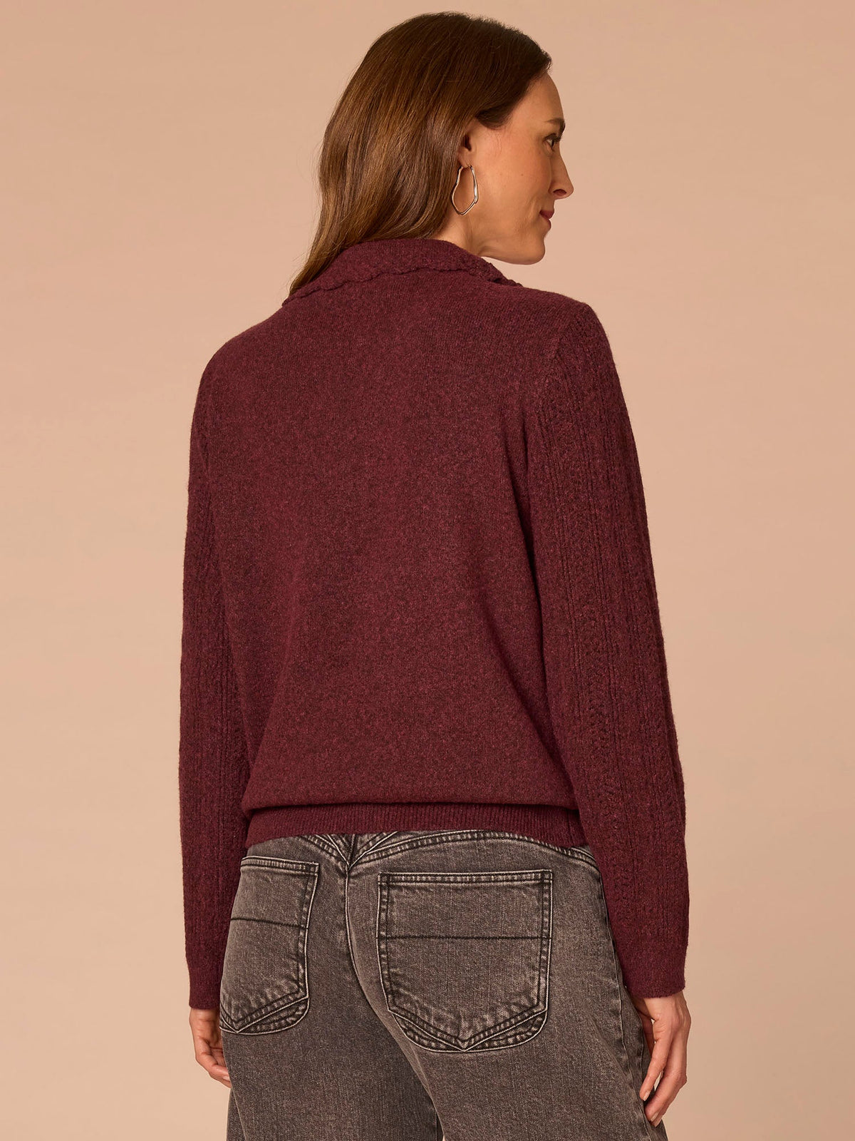 Democracy Clothing Long Sleeve Collar V-Neck Crochet Scallop Sweater - Fig Jam|Saddle|Ecru