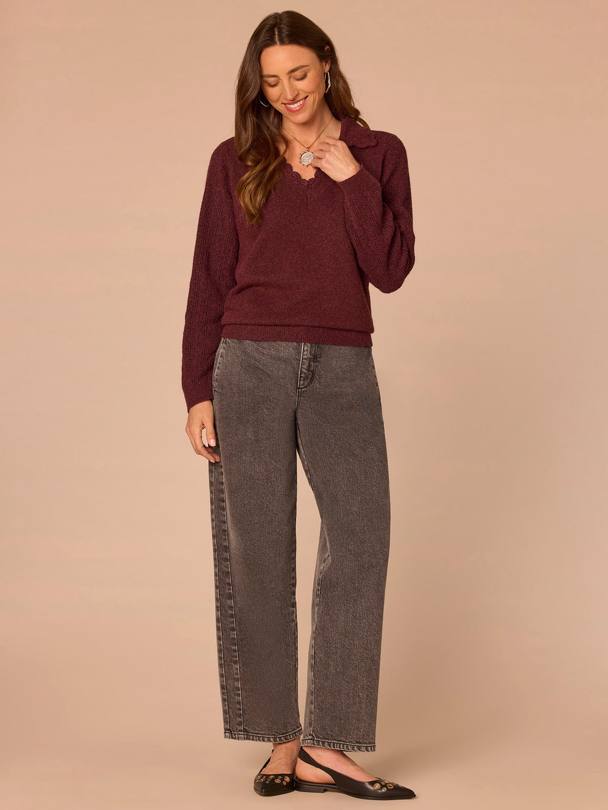 Democracy Clothing Long Sleeve Collar V-Neck Crochet Scallop Sweater - Fig Jam|Saddle|Ecru
