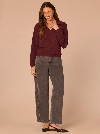Democracy Clothing Long Sleeve Collar V-Neck Crochet Scallop Sweater - Fig Jam|Saddle|Ecru